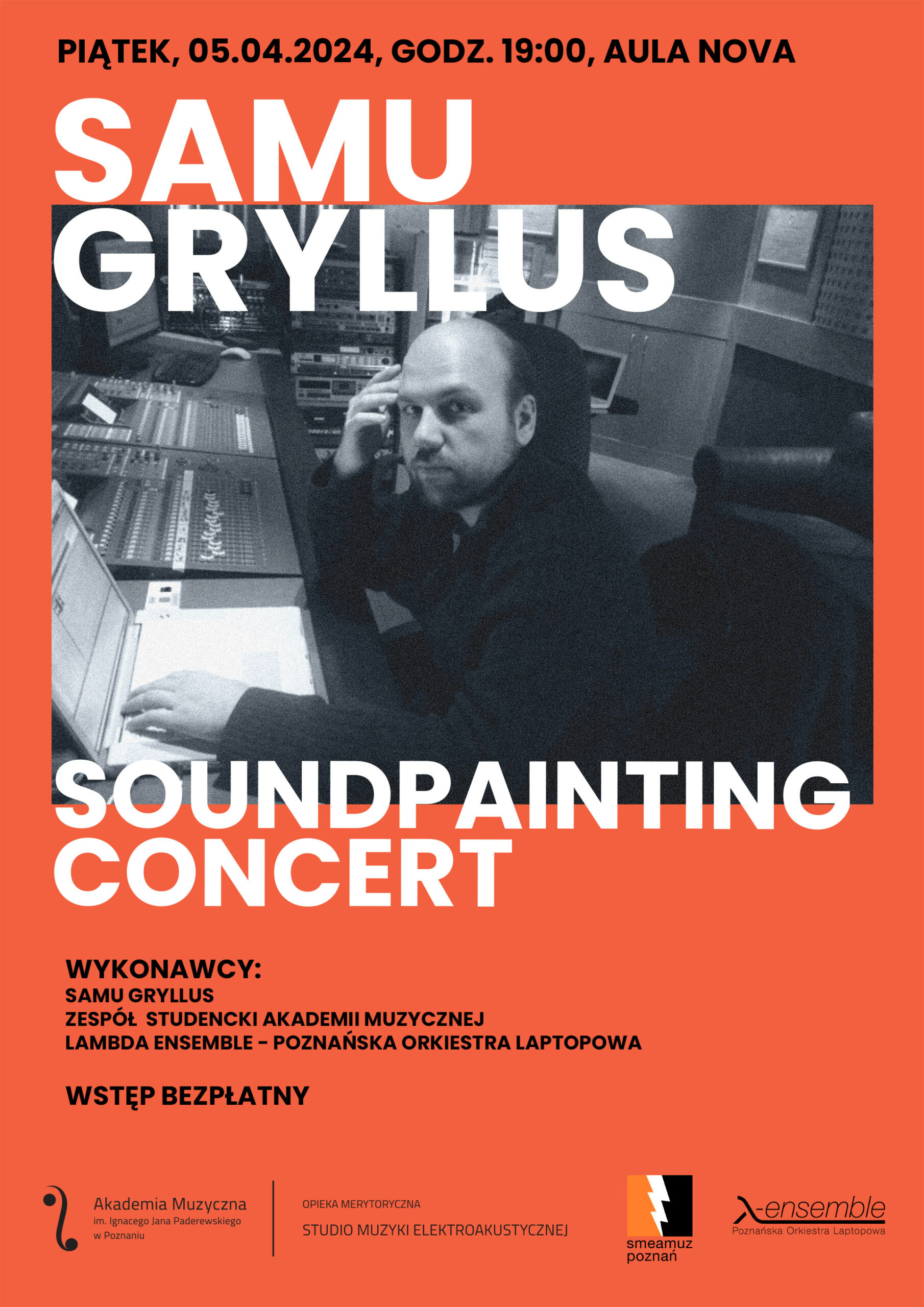 Afisz zawiera informacje na temat koncertu Samu Gryllusa w dniu 5 kwietnia 2024