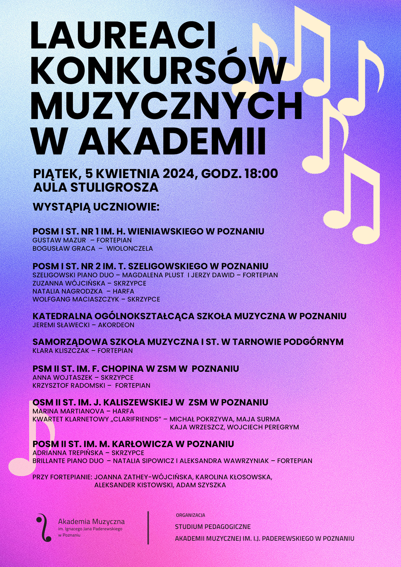 Afisz zawiera informacje na temat koncertu z udziałem laureatów konkursów muzycznych w dniu 5 kwietnia 2024