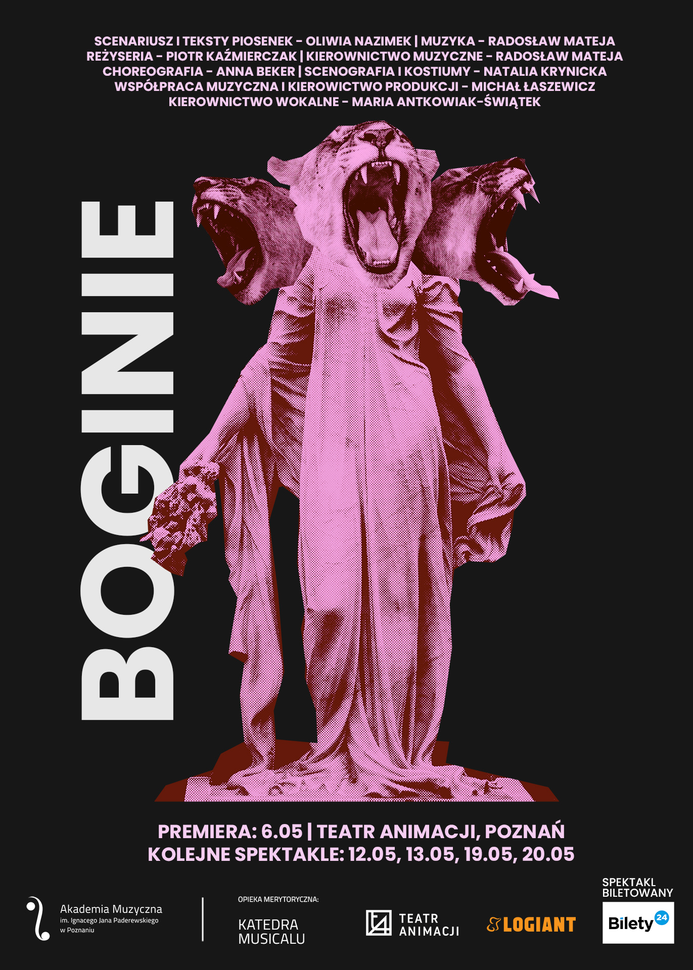 Plakat zawiera informacje o spektaklu "Boginie" wystawianym w maju 2024