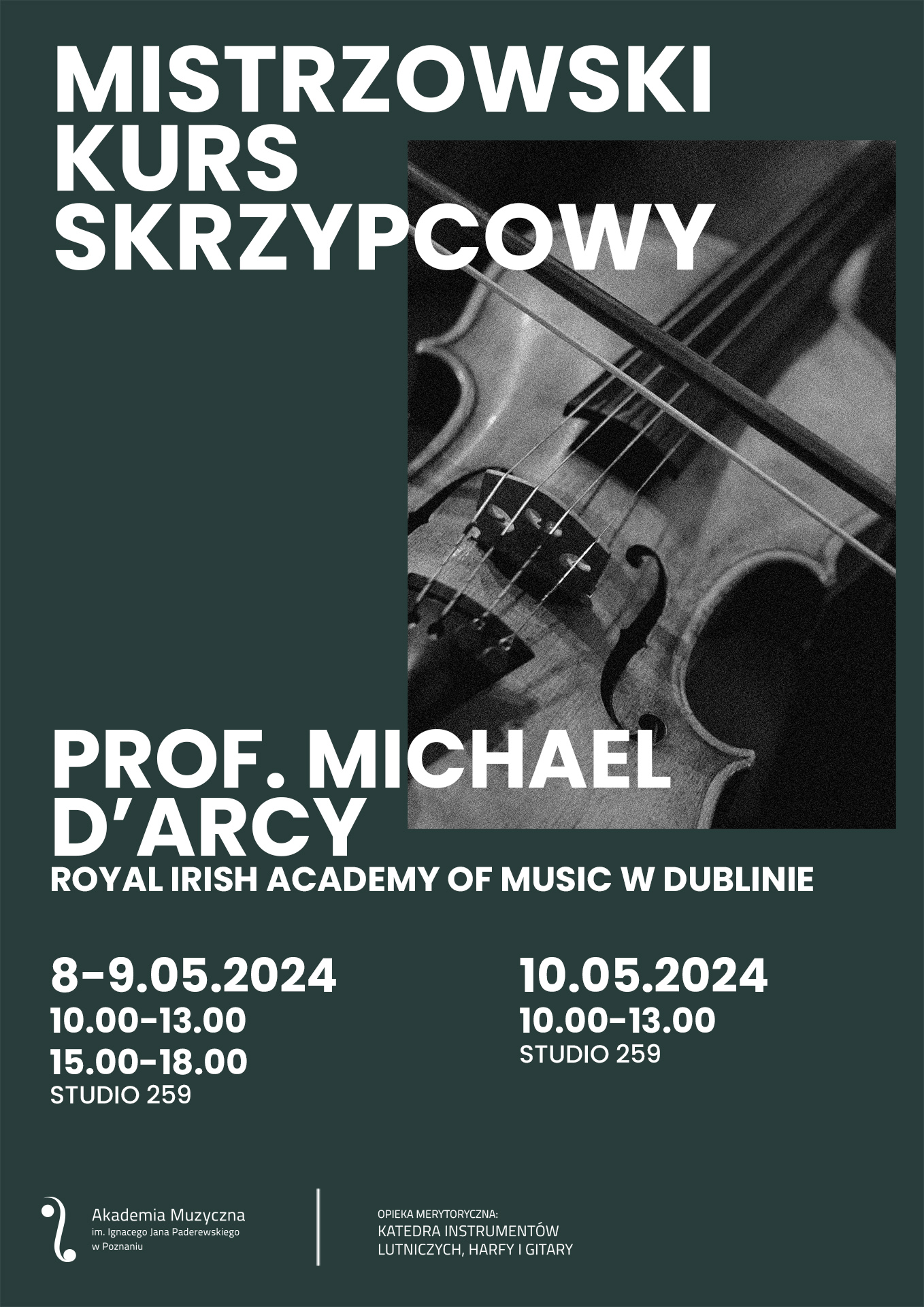 Afisz zawiera informacje na temat kursu skrzypcowego z prof. Michaelem D Arcym