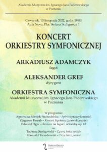 Pastelowy plakat zawiera informacje na temat programu i wykonawców koncertu Orkiestry Symfonicznej Akademii Muzycznej
