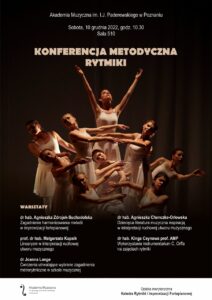 Ciemne zdjęcie przedstawia postaci modych dziewcząt w pozie tanecznej z uniesionymi rękami, plakat zawiera także informacje na temat Konferencji Metodycznej Rytmiczek