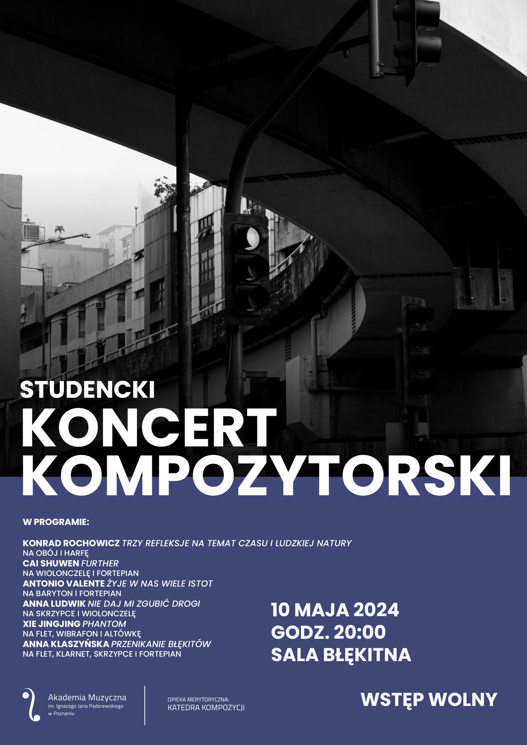 Plakat zawiera informacje na temat koncertu kompozytorskiego w wykonaniu studentów Akademii w dniu 10 maja 2024