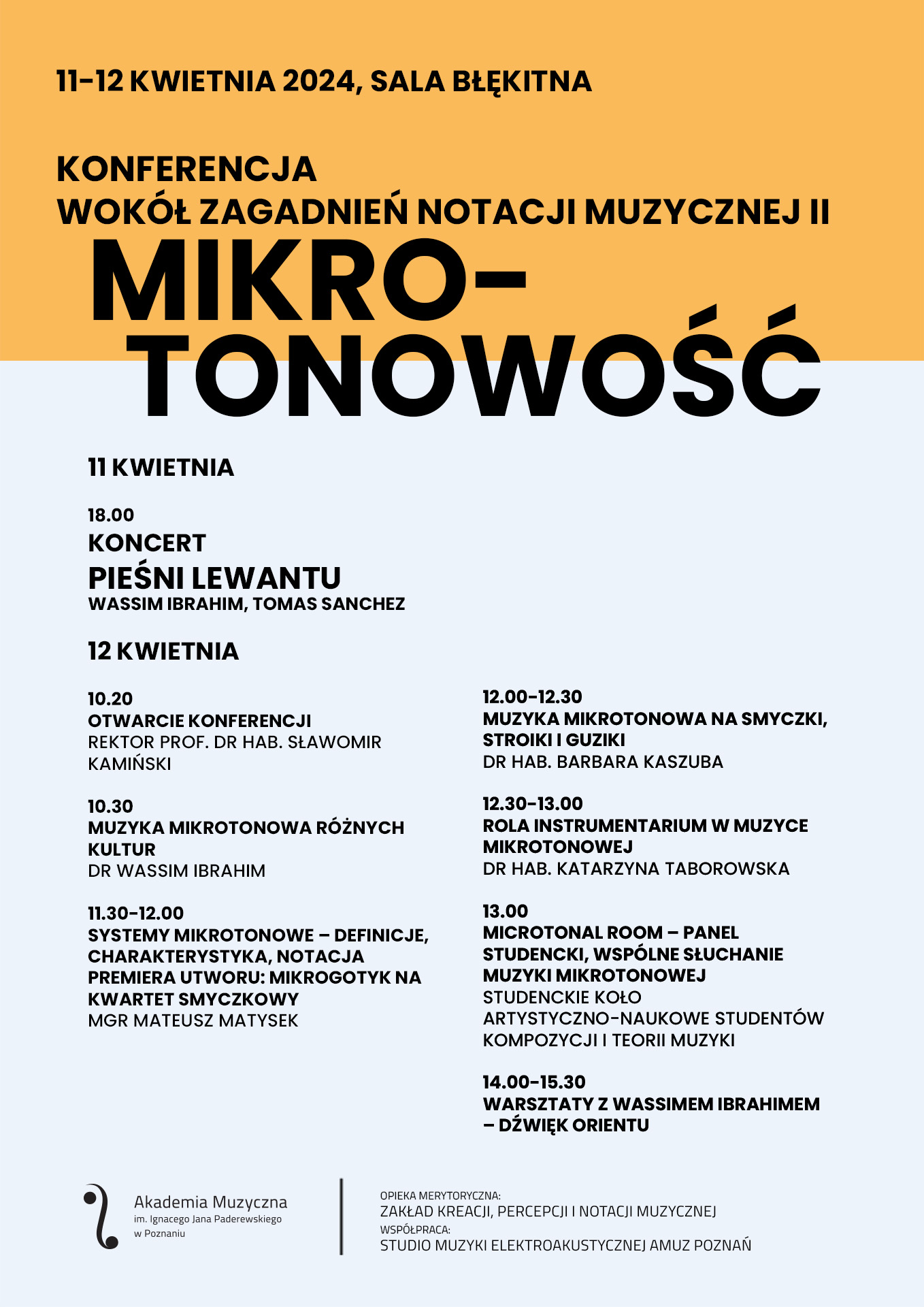 Afisz zawiera informacje na temat konferencji Mikrotonowość II w dniu 12 kwietnia 2024