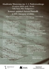 Afisz zachęcający do udziału w koncercie z okazji 101. rocznicy urodzin Astora Piazzolli, który odbędzie się w Auli Nova 11 marca 2022 o godz. 18.00