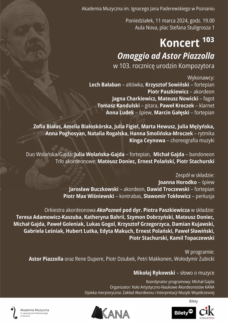 Afisz zawiera program i wykonawców koncertu z okazji 103. rocznicy urodzin Astora Piazzolli w dniu 11 marca 2024