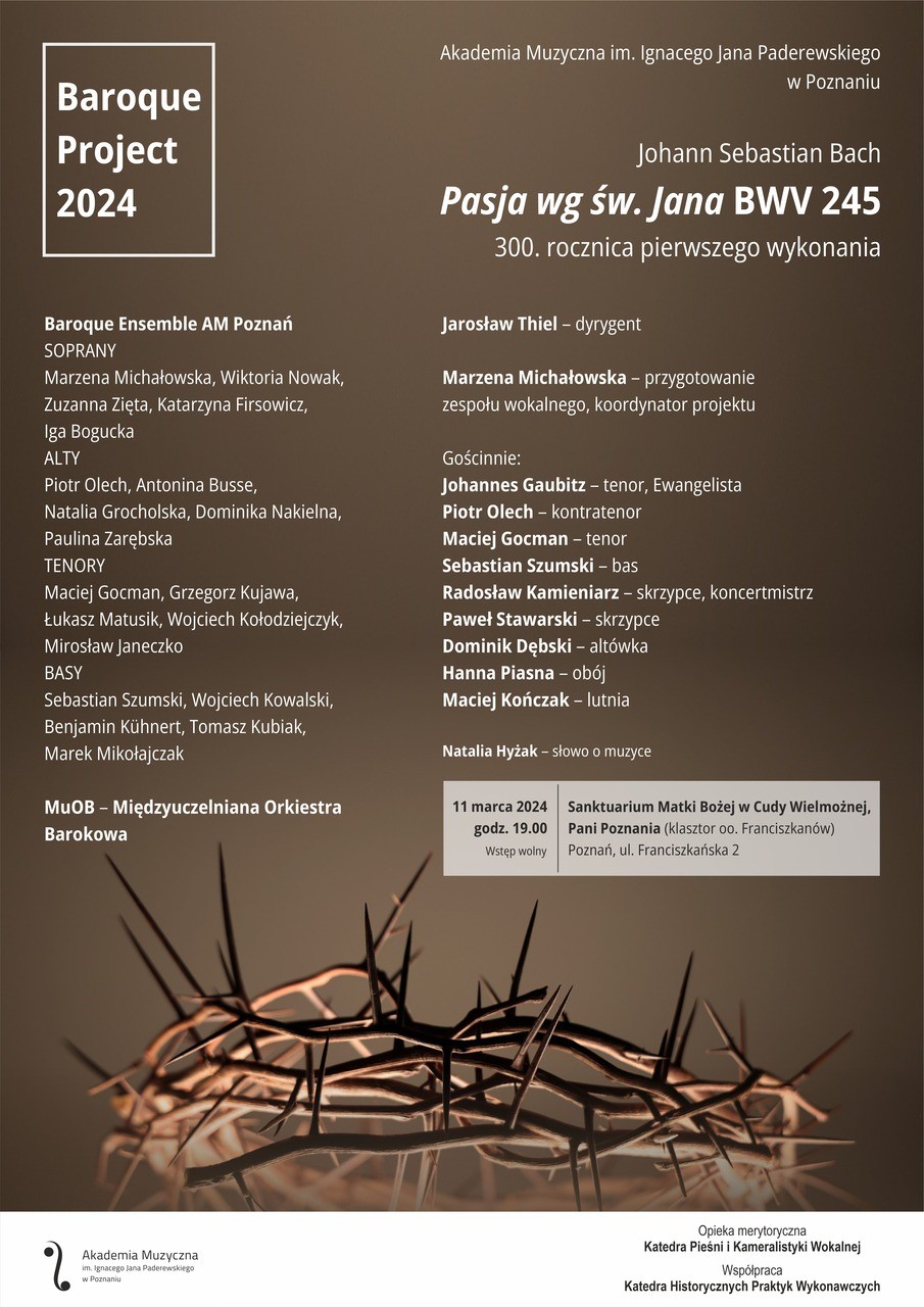 Afisz zawiera informację na temat projektu Poznań Baroque w dniu 11 marca 2024