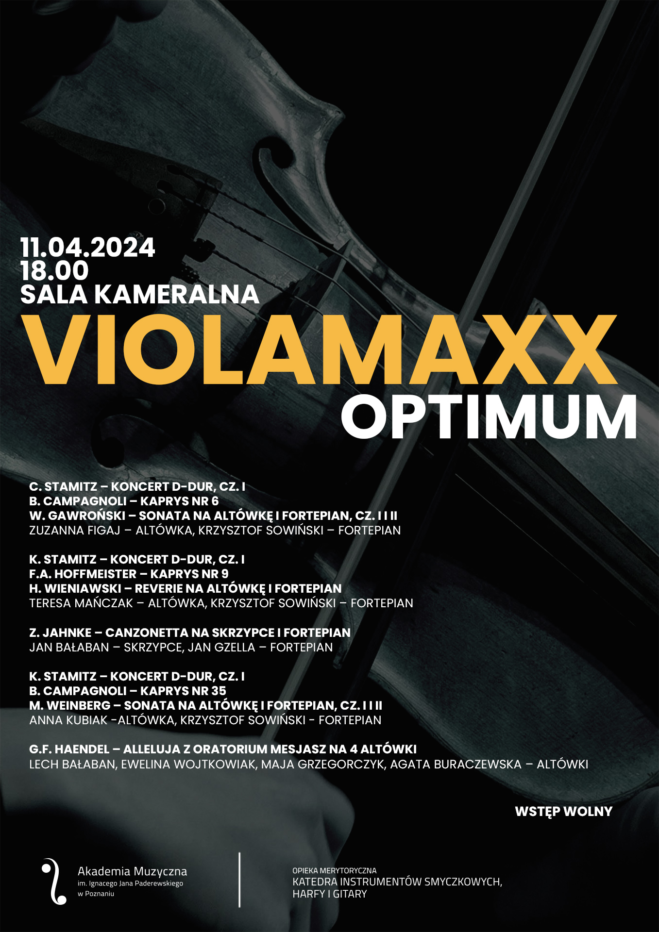 Afisz zawiera informacje na temat koncertu w cyklu VIOLAMAXX - OPTIMUM w dniu 11 kwietnia 2024