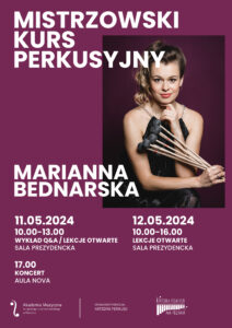 Plakat zawiera informacje na temat warsztatów perkusyjnych z udziałem Mariann Bednarskiej