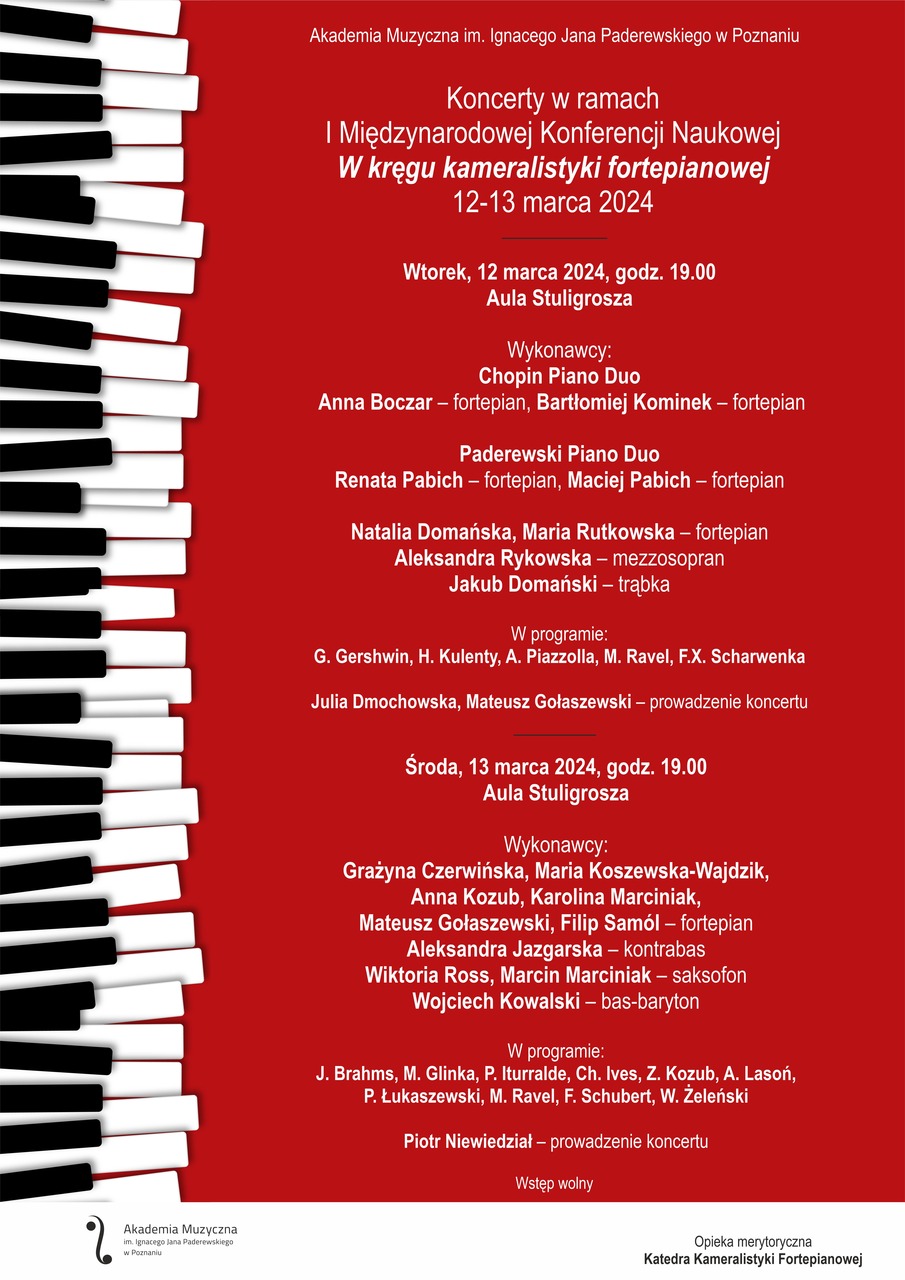Afisz zawiera informacje na temat koncertów towarzyszących sesji kameralistyki fortepianowej w dniach 12-13 marca 2024