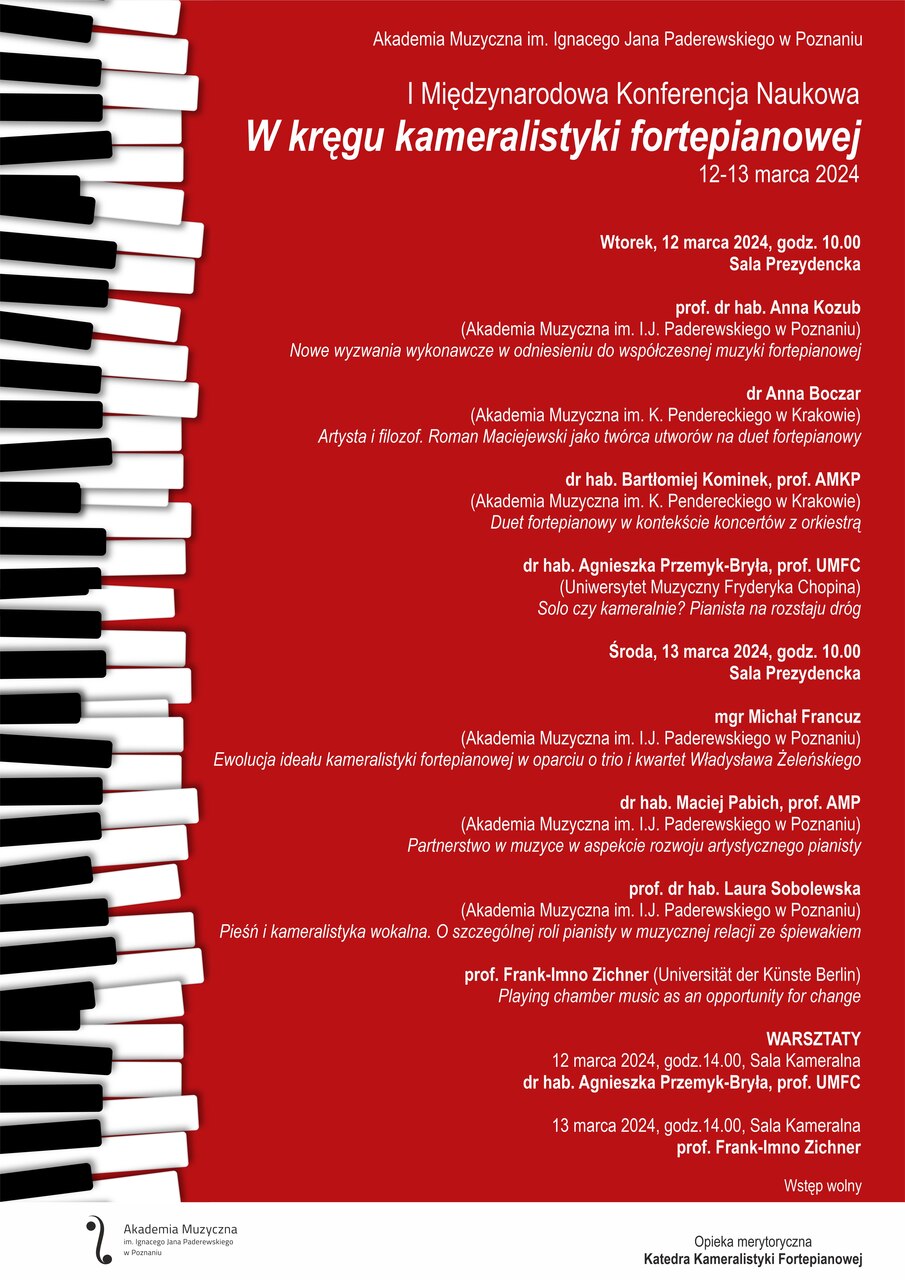 Afisz zawiera informacje na temat sesji pt. W kręgu kameralistyki fortepianowej