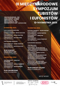 Afisz zawiera informacje na temat wydarzeń III Międzynarodowego Sympozjum Tubistów i Eufonistów w dniach 12-14 kwietnia 2024