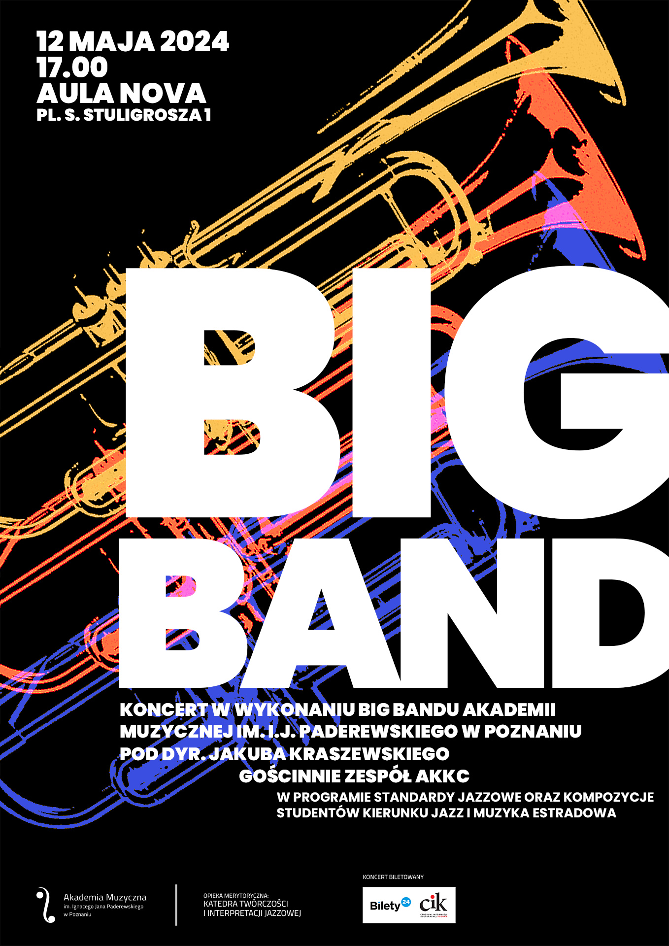 Afisz zawiera informacje na temat koncertu Big Bandu w dniu 12 maja 2024