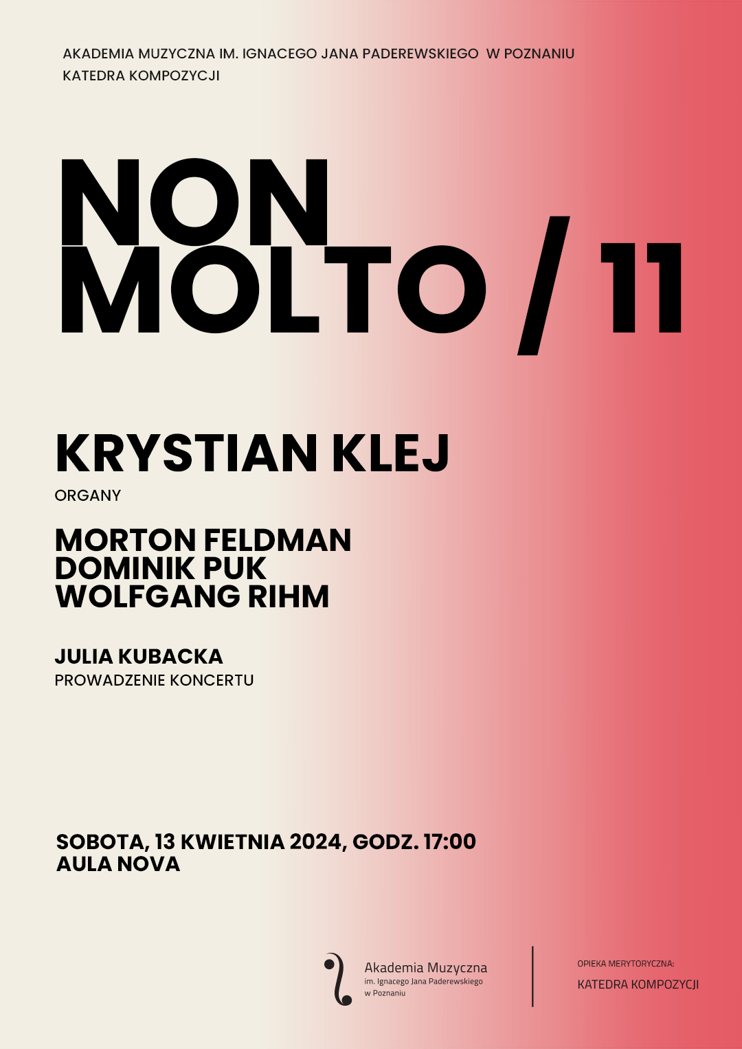 Plakat zawiera informacje na temat koncertu Non Molto 11 w dniu 13 kwietnia 2024
