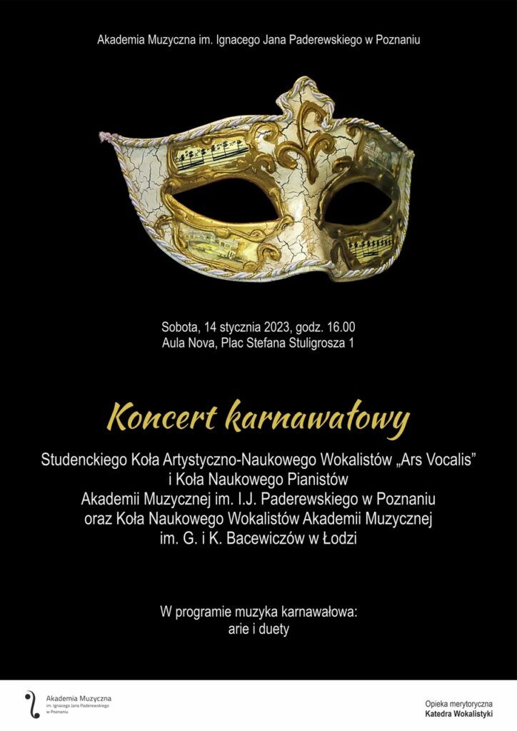 Na czarny tle karnawałowa złota maska i informacje na temat koncertu
