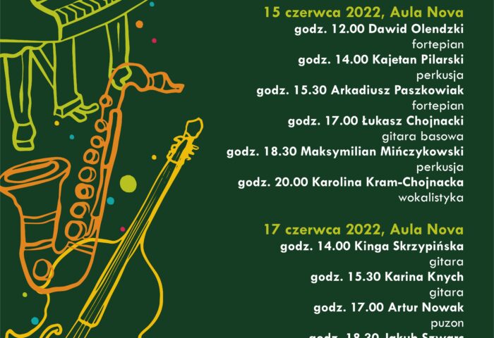 Afisz może zachęcać do przyjścia na koncerty w ramach Festiwalu Młodego Jazzu do Akademii Muzycznej w dniach 15-18 czerwca 2022