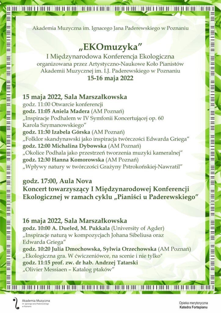 Afisz o kolorystyce zielonej zawiera szczegółowe informacje na temat programu Konferencji