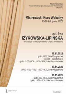 Biało-beżowy plakat przedstawia kurtynę i zawiera komplet informacji na temat kursu wokalnego, który poprawdzi prof. Ewa Iżykowska-Lipińska