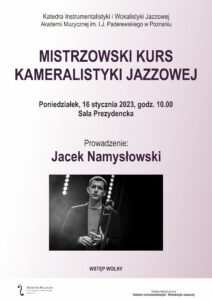 Jasny plakat zawiera zdjęcie mężczyzny z saksofonem - Jacka Namysłowskiego