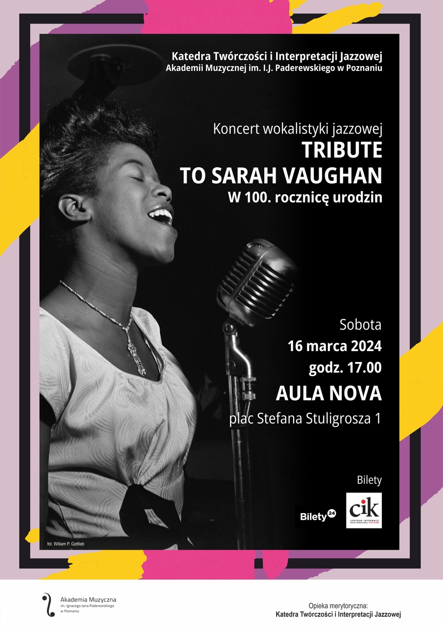 Afisz zawiera informacje na temat konceru Tribute to Sarah Vaughan w dniu 16 marca 2024