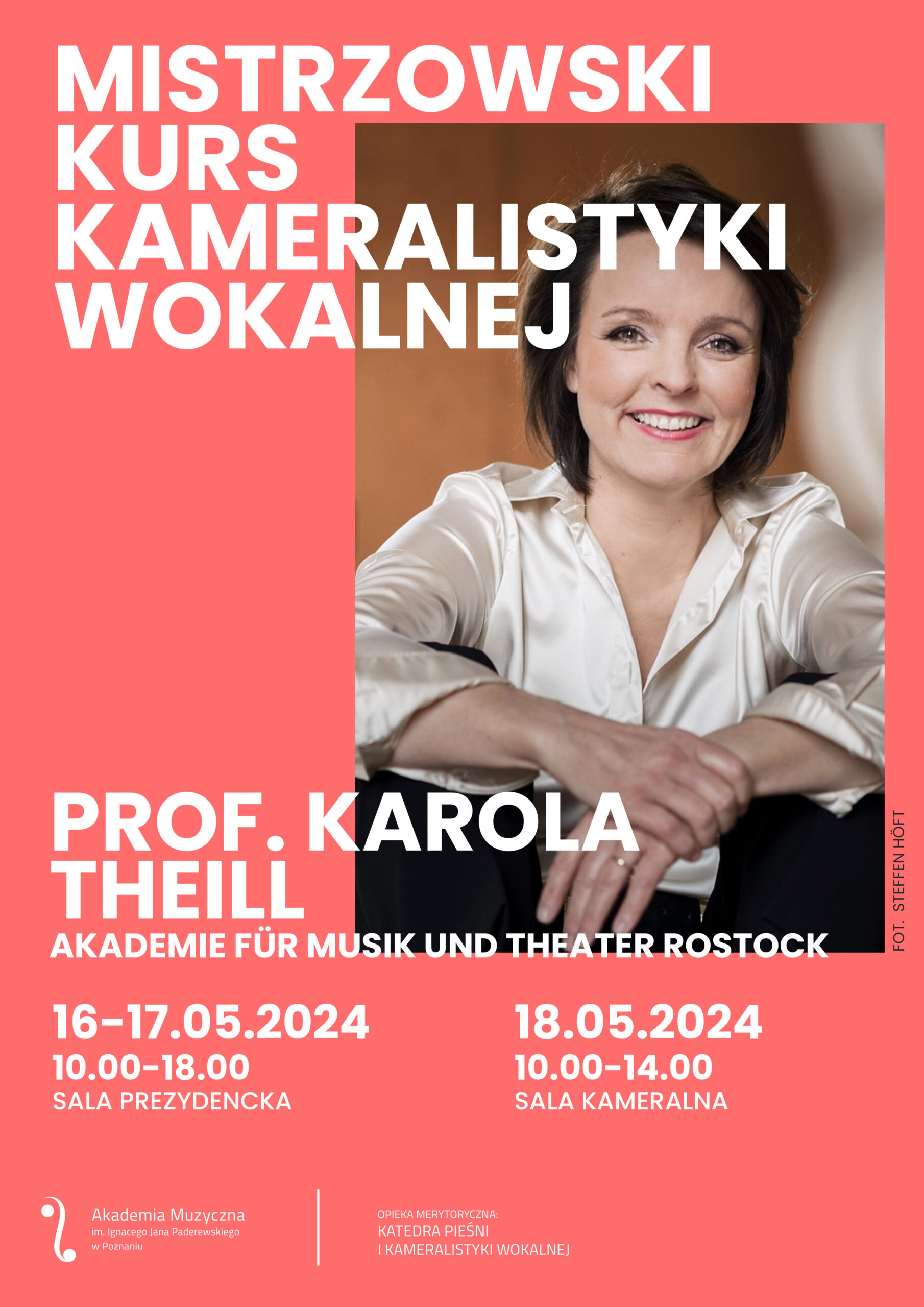 Plakat zawiera informacje na temat kursów mistrzowskich prof. Karoli Theill w dniach 16-18.05.2024