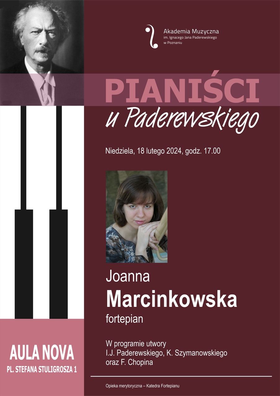 Afisz zawiera informacje na temat recitalu Joanny Marcinkowskiej. Na afiszu znajduje się zdjęcie Joanny Marcinkowskiej