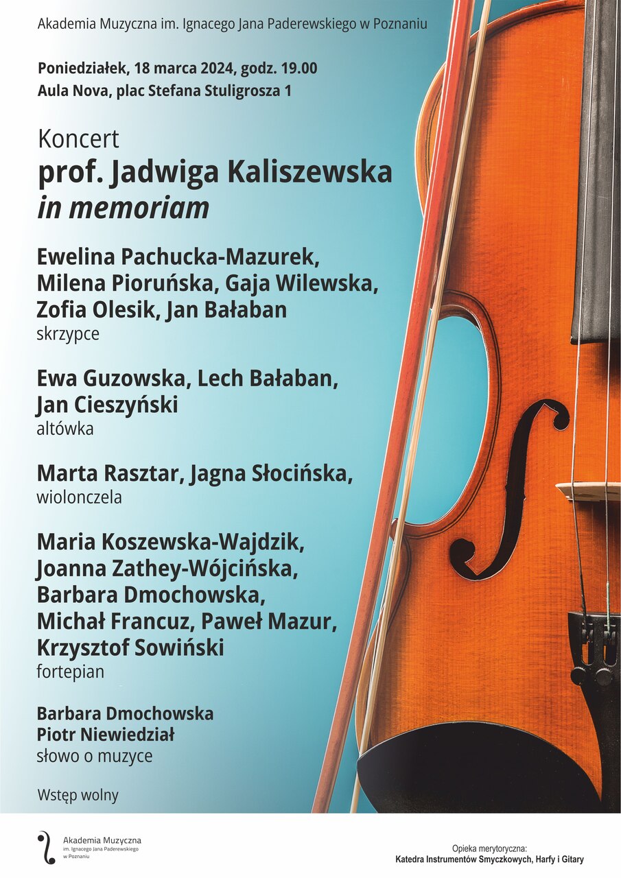 Afisz zawiera informacje na temat koncertu Jadwiga Kaliszewska in memoriam w dniu 18 marca 2024