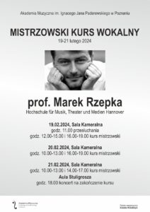 Afisz zawiera informacje na temat kursu wokalnego, który poprowadzi Marek Rzepka