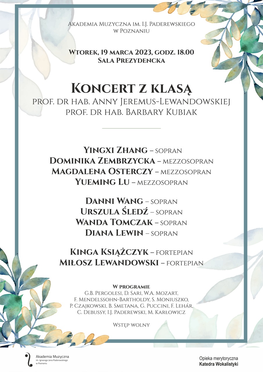 Afisz zawiera informacje na temat koncertu klas wokalnych prof. Jeremus-Lewandowskiej i prof. Flicińskiej-Panfil w dniu 19.03.2024