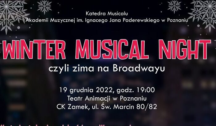 Plakat na ciemnym tle zawiera informacje o koncercie pt. Winter Musical Night