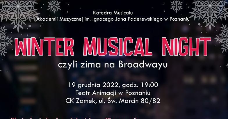 Plakat na ciemnym tle zawiera informacje o koncercie pt. Winter Musical Night