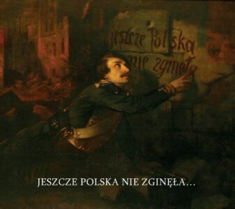Na ciemno-brązowym tle fragment obrazu „Śmierć żołnierza wolności” autorstwa Jana Ostoi Mioduszewskiego