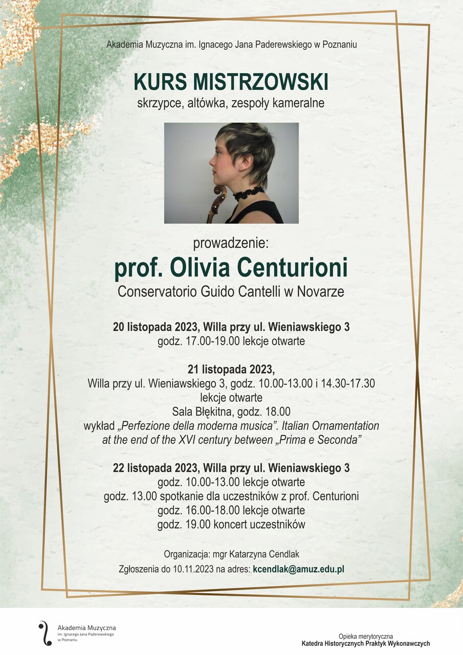 prof. Olivia CEnturioni - afisz zawiera zdjęcie prowadzącej warsztaty i informacje dotyczące harmonogramu spotkań w dniach 20-22 listopada 2023