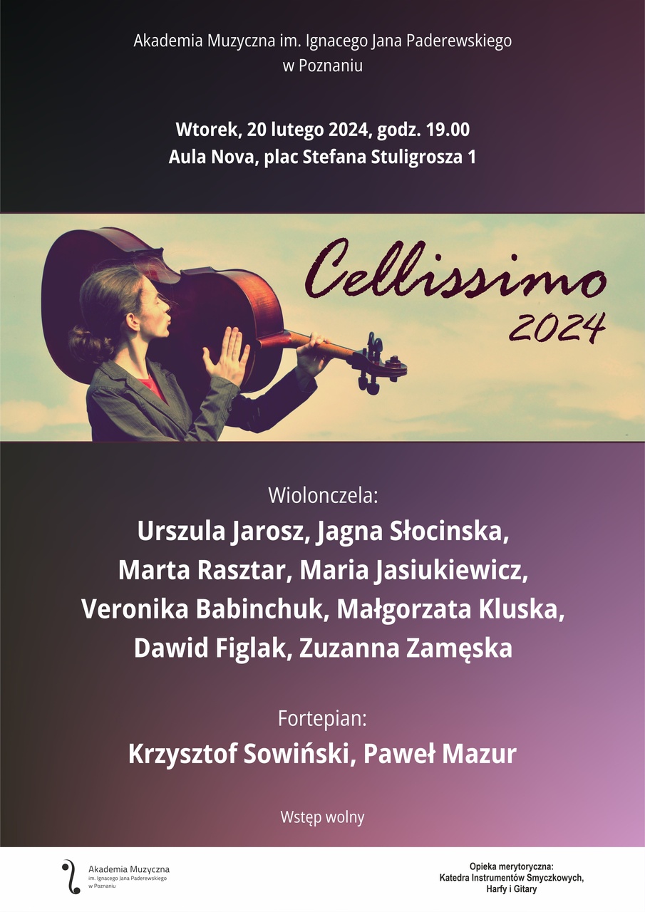 Afisz zawiera informacje na temat koncertu Cellissimo w dniu 20 lutego 2024