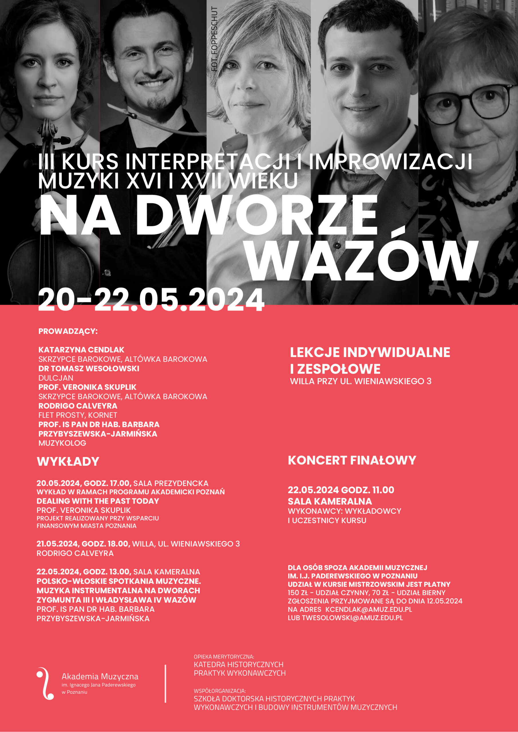 Plakat zawiera informacje na temat projektu Na dworze Wazów, który odbywa się w Akademii Muzycznej w dniach 20-22 maja 2024