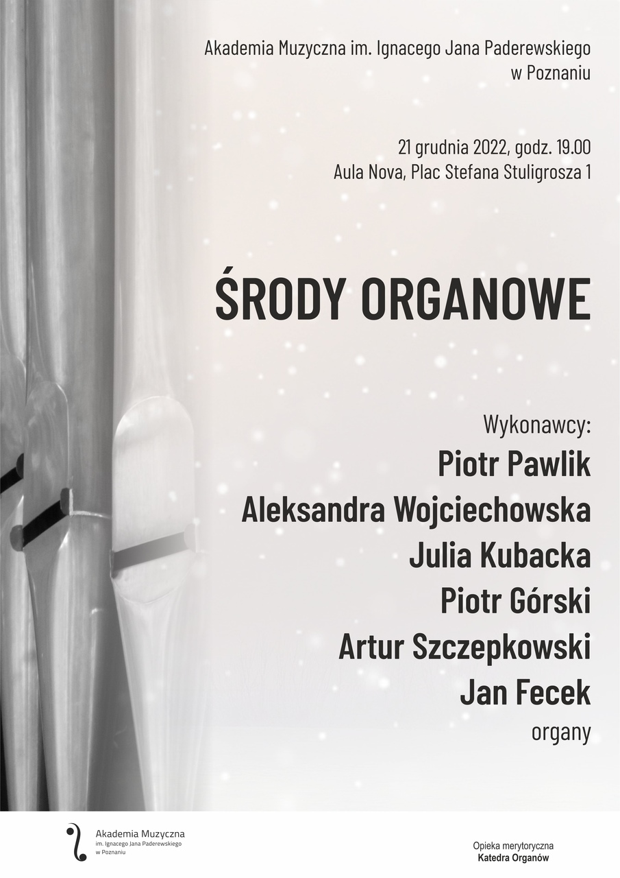 Jasnoszary plakat przedstawia fragment piszczałek organowych i program koncertu 21 grudnia 2022