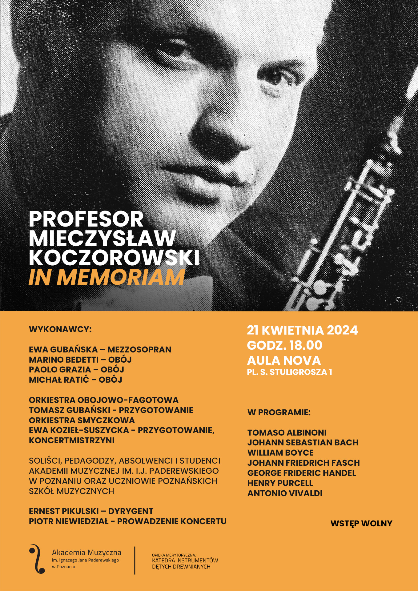 Plakat zawiera informacje na temat koncertu rocznicowego Koczorowski in Memoriam w dniu 21 kwietnia 2024