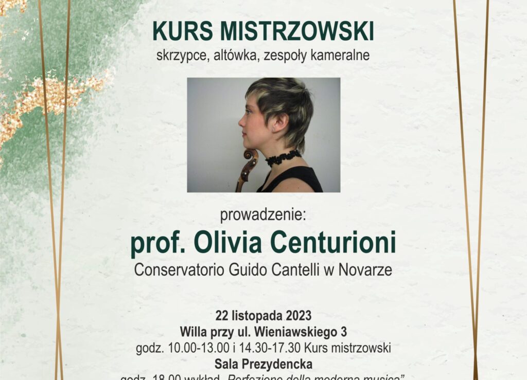 Prof. Olivia Centurioni - afisz zawiera zdjęcie prowadzącej warsztaty i informacje dotyczące harmonogramu spotkań w dniach 22-23 listopada 2023