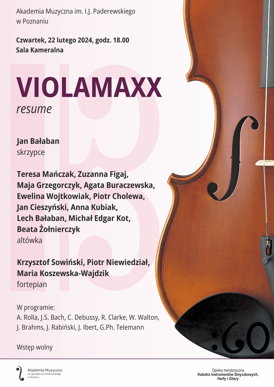 Afisz zawiera informacje na temat koncertu w cyklu VIOLAMAXX pt. Resume w dniu 22 lutego 2024