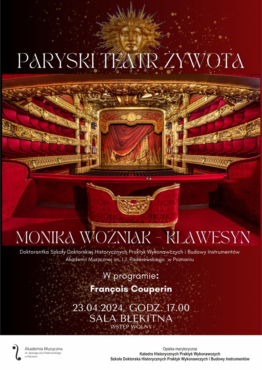Afisz zawiera informacje na temat plakatu na recital Paryski Teatr Żywota Moniki Woźniak w dniu 23 kwietnia 2024