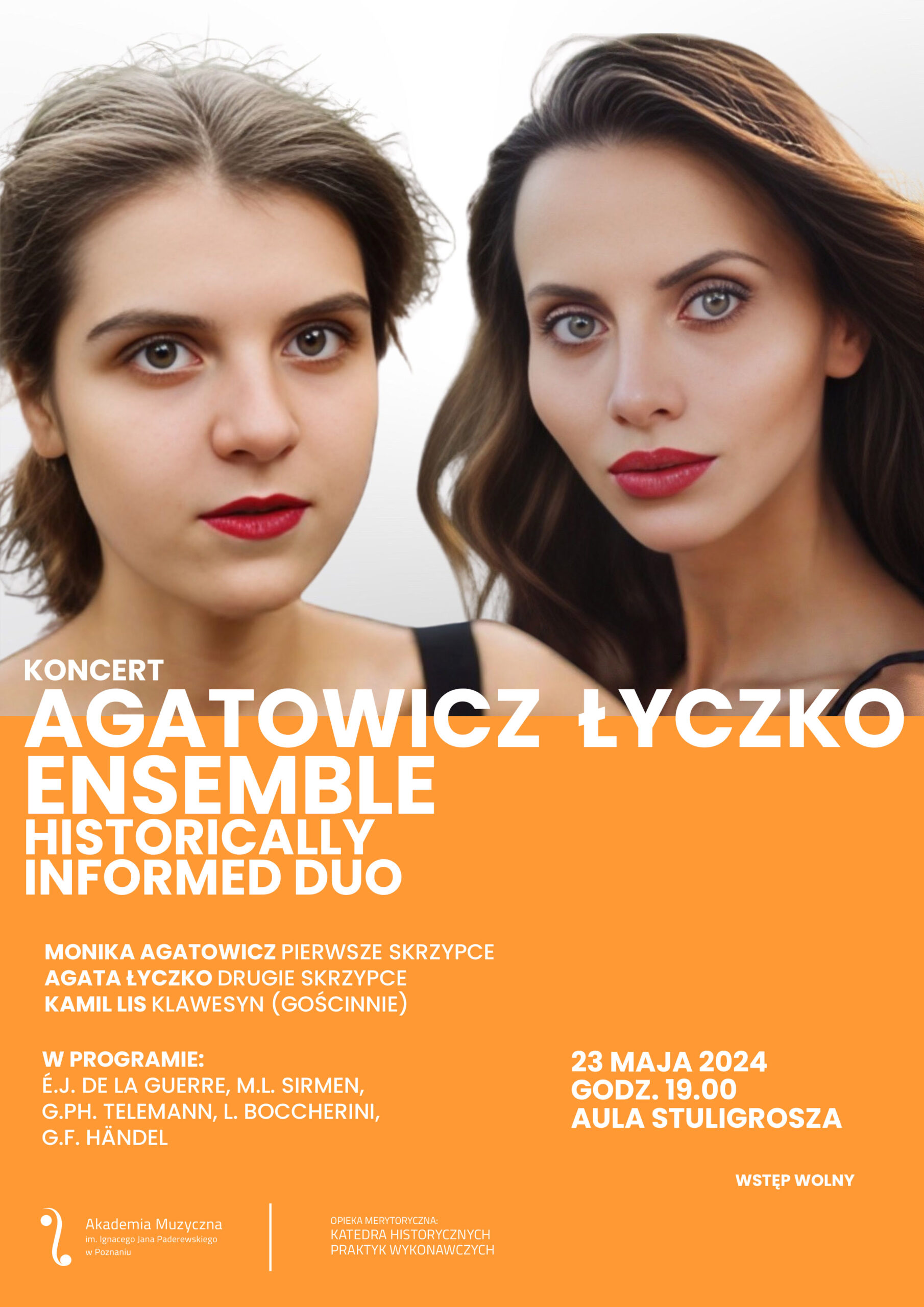 Agatowicz Łyczko Ensemble - plakat zawiera informacje o koncercie w dniu 23 maja 2023; na plakacie widać twarze dwóch młodych kobiet z duetu