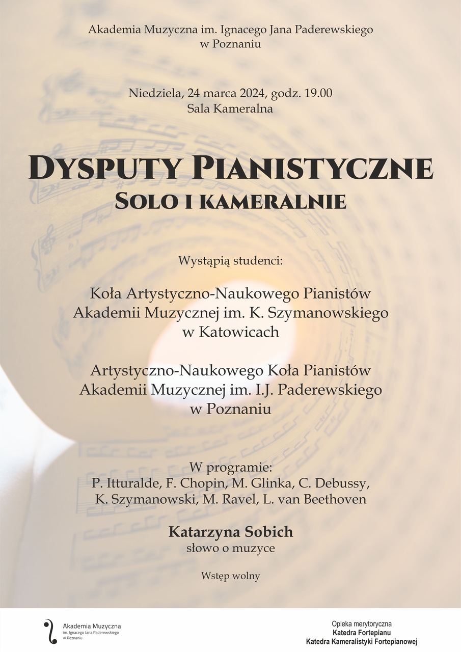 Afisz zawiera informacje na temat koncertu Koła Pianistów w dniu 24 marca, pt. Dysputy pianistyczne
