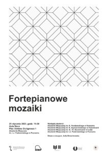 Czarno-biały plakat z mozaiką i wykonawcami koncertu 25 stycznia