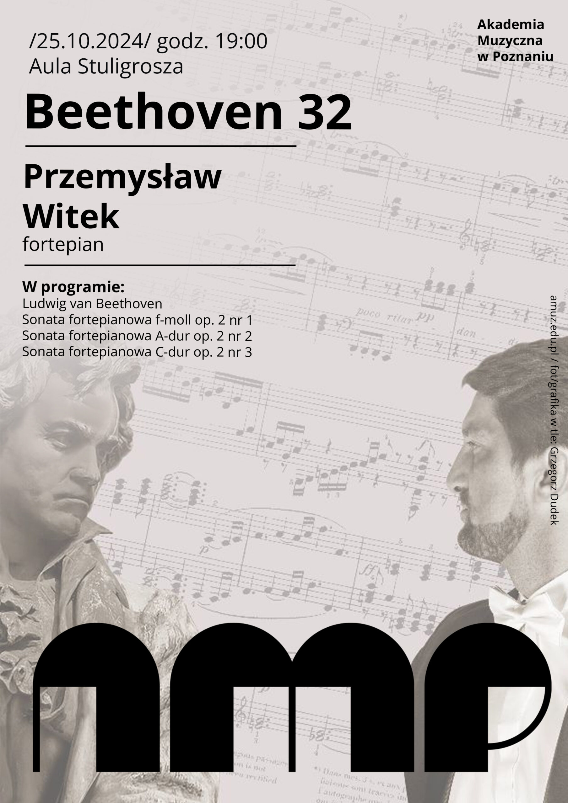 Afisz z podobizną Beethovena i Przemysława Witka zapowiadający recital fortepianowy