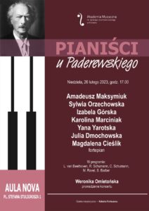 Afisz może zachęcać do przyjścia na koncert z cyklu Pianiści u Paderewskiego. Afisz zawiera fragment klawiatury fortepianowej i nazwiska wykonawców