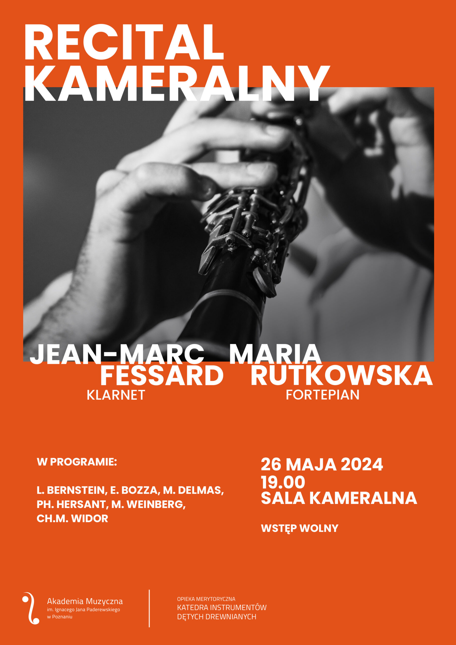 Recital zawiera informacje na temat recitalu klarnetowego Jeana-Marca Fessarda w dniu 26 maja 2024 i zawiera okolicznościową grafikę