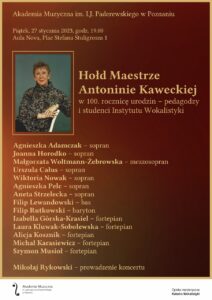 Afisz koncertu ze zdjęciem Antoniny Kaweckiej zawiera informacje na temat wystepujących artystów