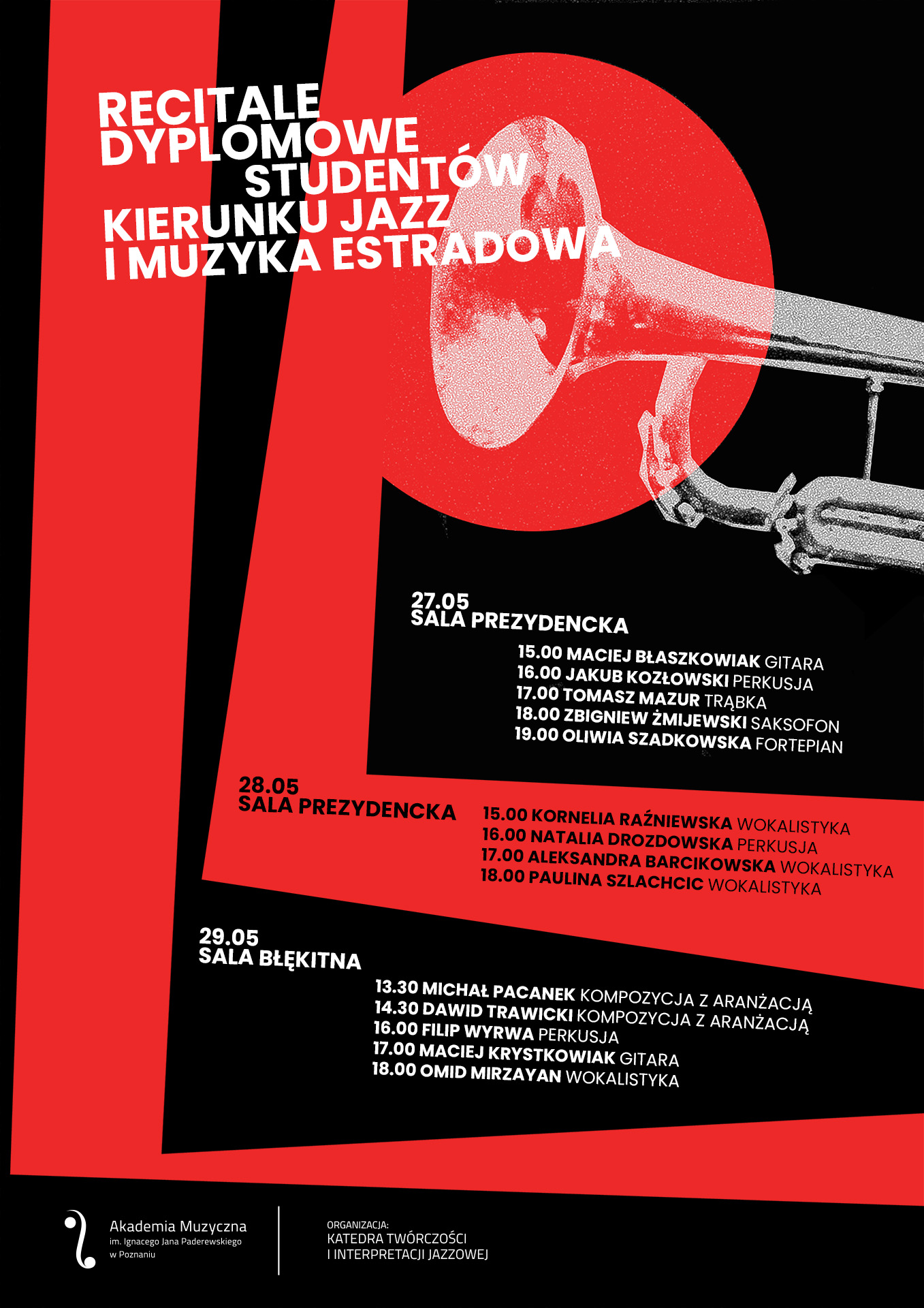 Plakat zawiera informacje związane z koncertem dyplomowym Instytutu Jazzu organizowanym w dniu 27 maja 2024