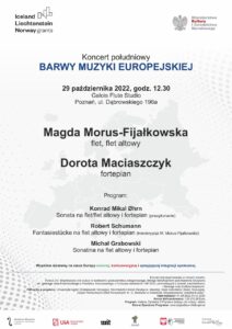 Biały afisz zawiera informacje na temat koncert pt. Barwy muzyki europejskiej