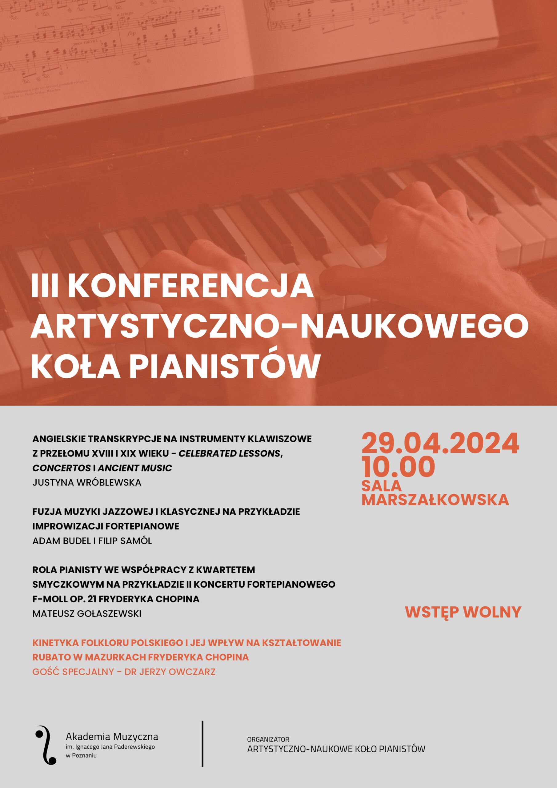 Afisz konferencji Koła Naukowego Pianistów AM zawiera informacje o wydarzeniu w dniu 29 kwietnia 2024